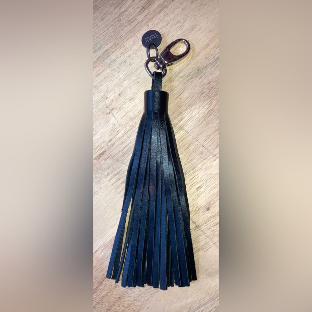 Black Leather Keychain  Bag Charm Tassel EUC